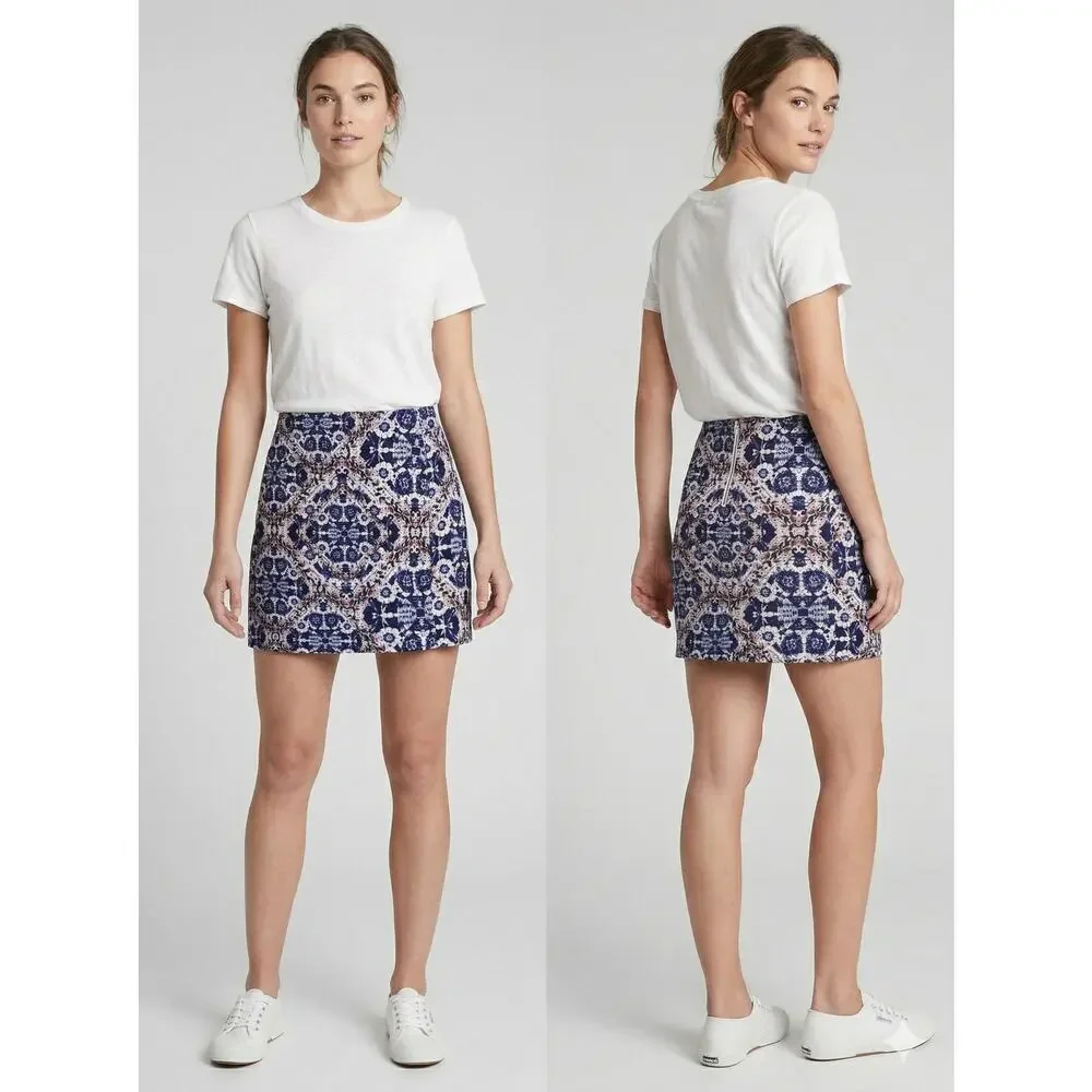 Joe Fresh Size 12 Pencil Skirt Lined Blue Wite Print Back Zipper Size 12